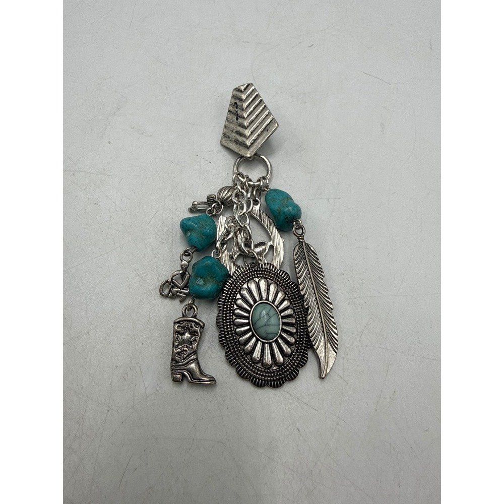 Western Charm Pendant Turquoise Faux Stone Cowboy Boot Feather Horseshoe Silver